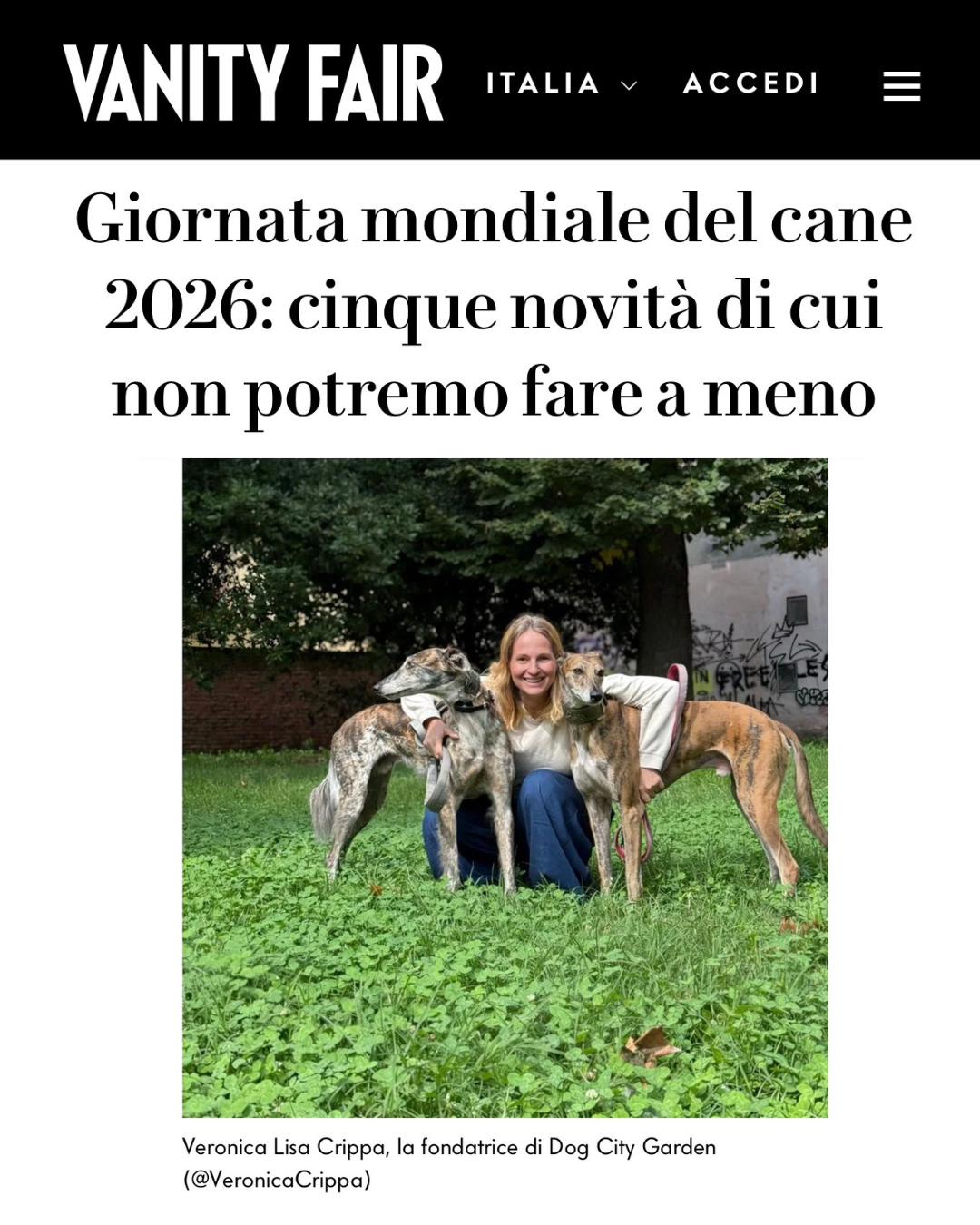 Vanity Fair Italia, Giornata Mondiale del Cane 2026, con Veronica Lisa Crippa