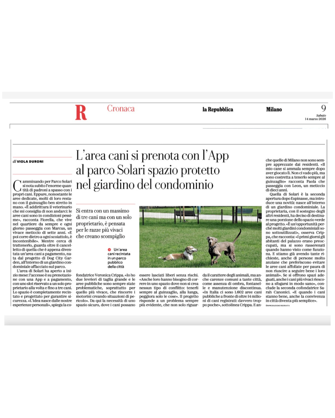 La Repubblica, 14 marzo 2026, apertura area Parco Solari